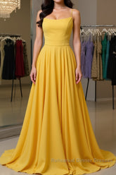Simple yellow chiffon long Semi Formal Prom Dresses, yellow formal Dresses